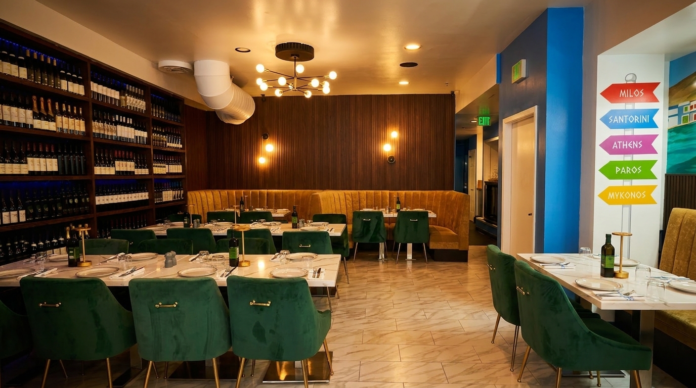 A modern restaurant interior with green velvet chairs, mustard yellow booths, and a large wine display.