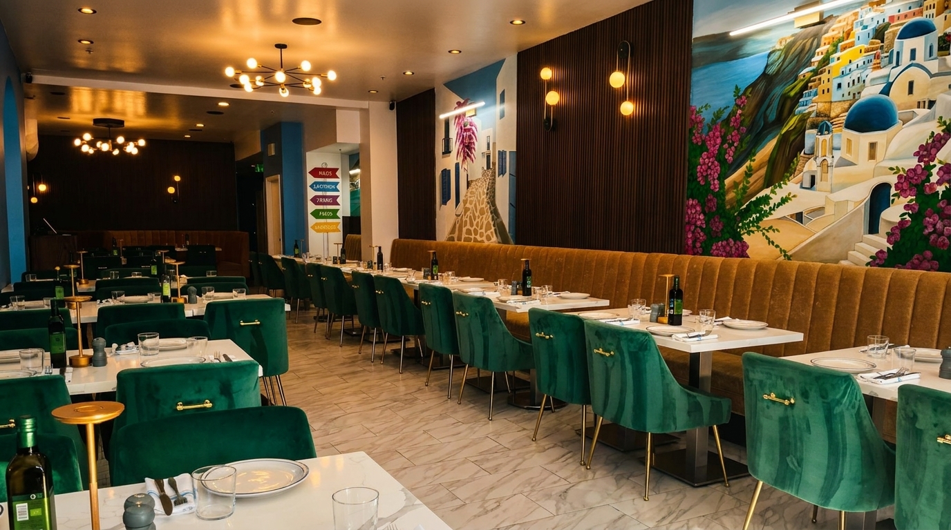 Restaurant interior with green velvet chairs, white tables, and a large mural of a Greek village.