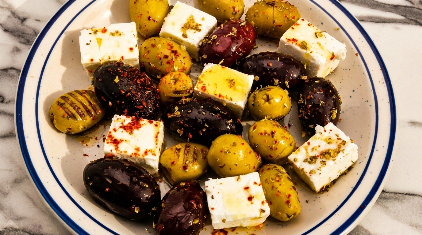 A plate of green and black olives with feta cheese cubes, seasoned with herbs and spices.