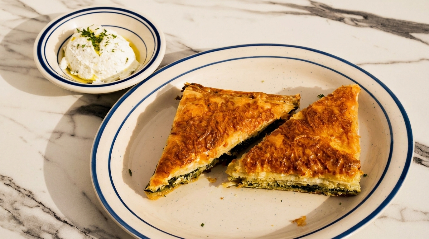 Two golden-brown spinach pies on a plate with a side of whipped feta on a marble table.