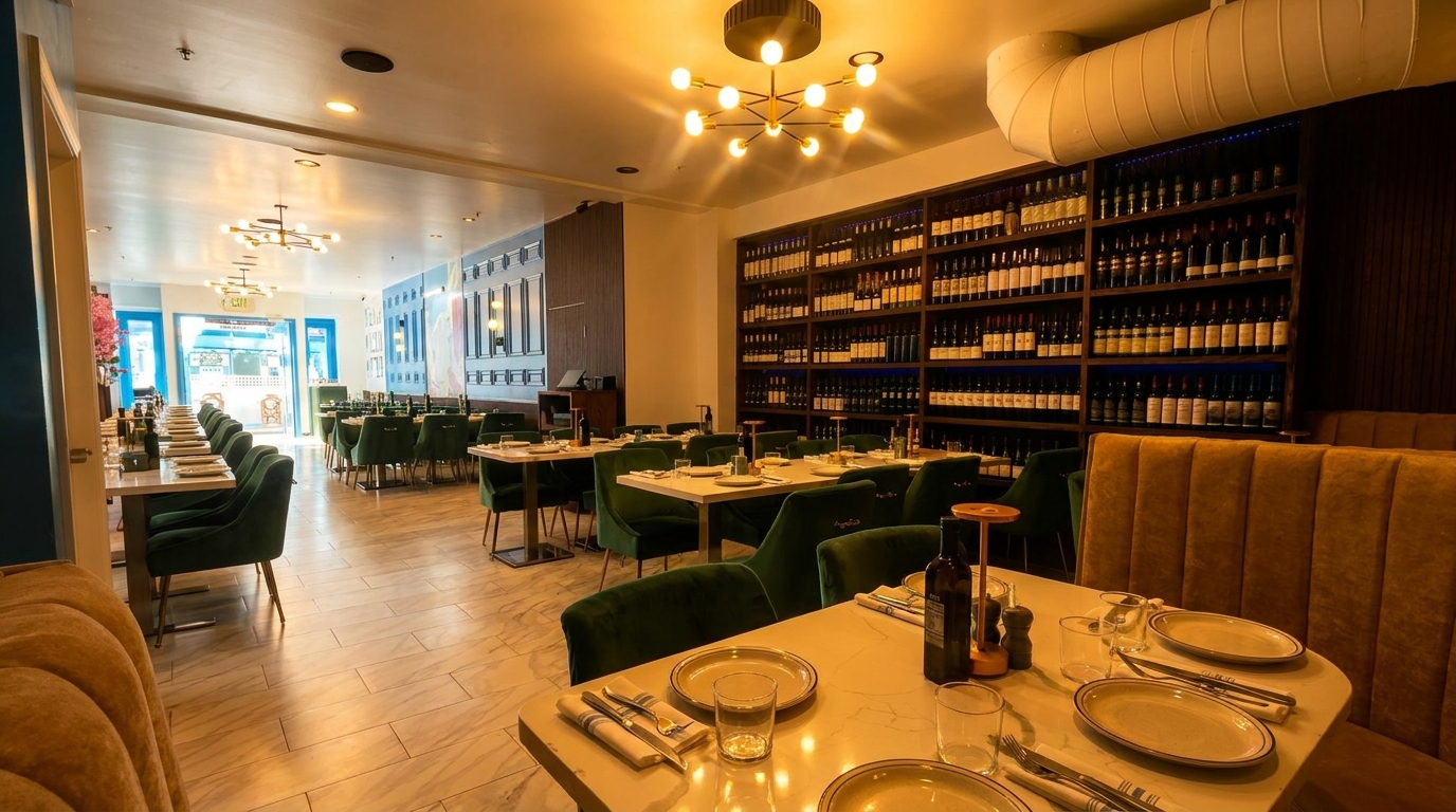 A long, brightly lit restaurant dining room with green velvet chairs and a large wine wall.