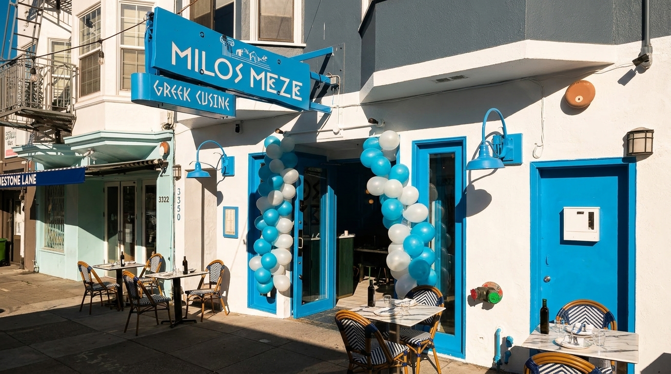 Milos Meze Greek Cuisine restaurant exterior with blue and white balloons, outdoor seating, and bright blue accents.