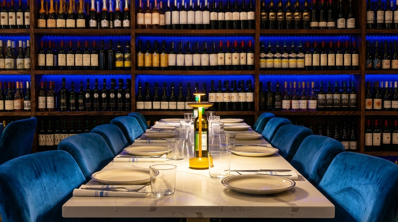 A long dining table set with plates and glasses, flanked by blue velvet chairs and wine shelves.