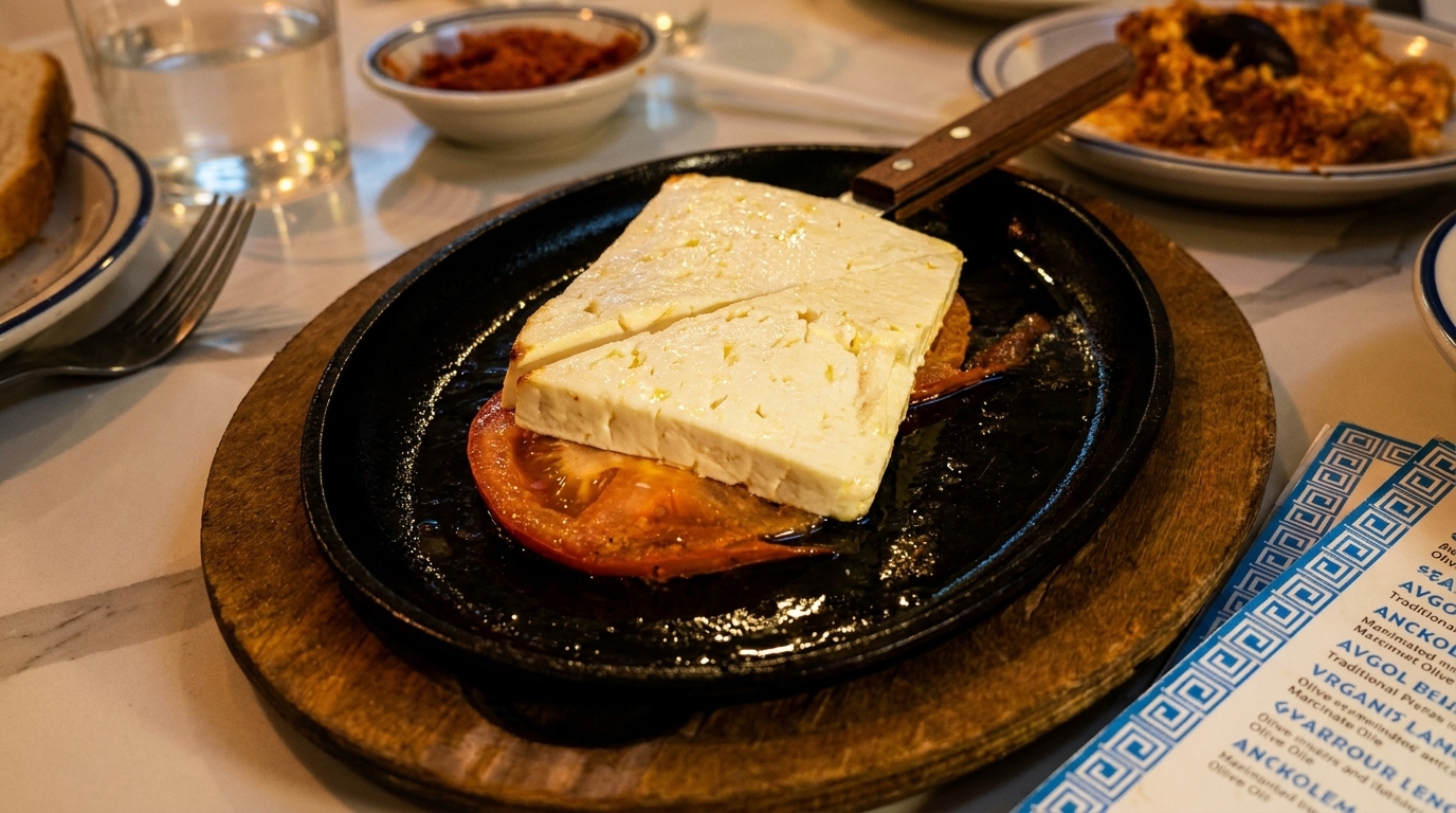 Saganaki, a sizzling Greek cheese appetizer, served on a hot skillet with a tomato slice.