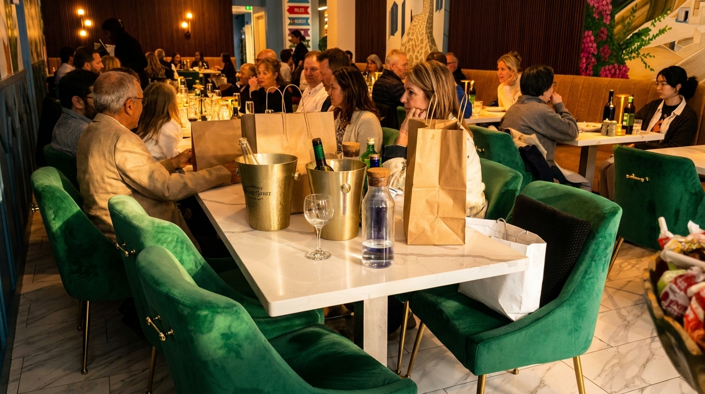 Diners seated at tables with green velvet chairs, wine buckets, and brown paper bags in a restaurant.