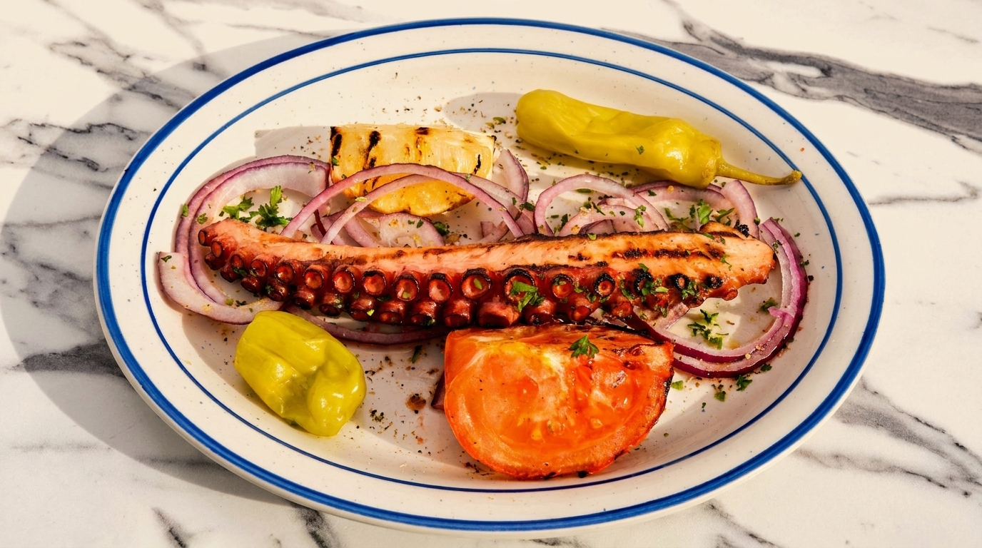 Grilled octopus with red onion, tomato, and peppers on a white plate with blue rim.