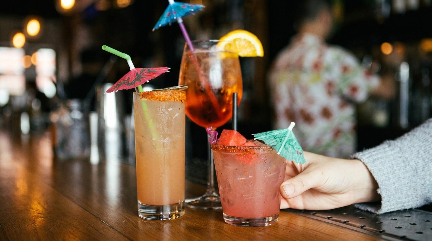 Three colorful cocktails with umbrellas and garnishes on a wooden bar, with a hand reaching for one.