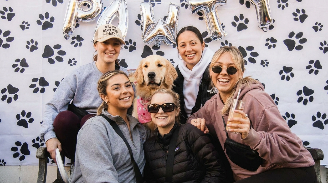 Five smiling women and a golden retriever pose in front of a paw print backdrop with balloons.