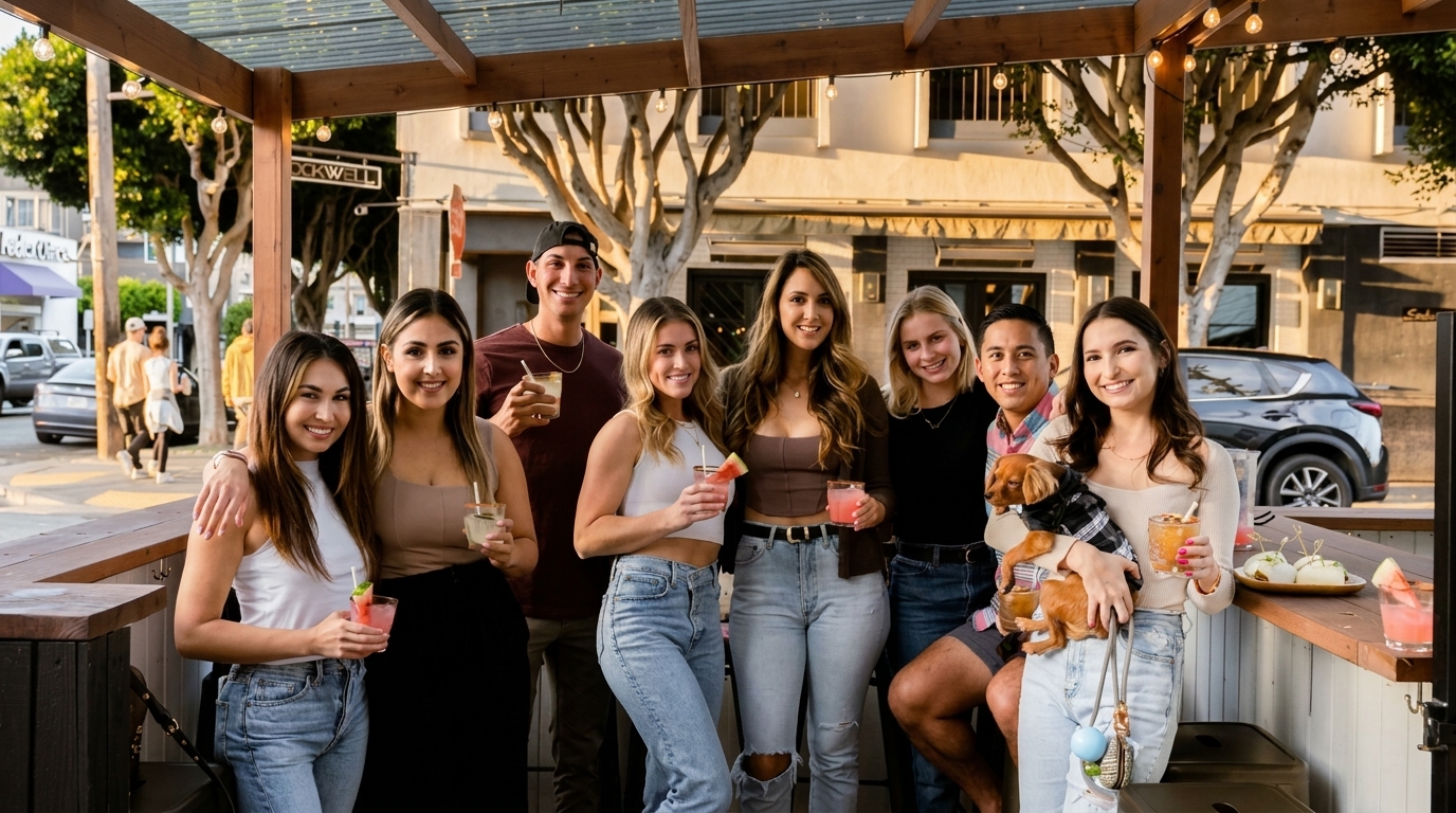 Group of friends with drinks and a dog on a restaurant patio at sunset.