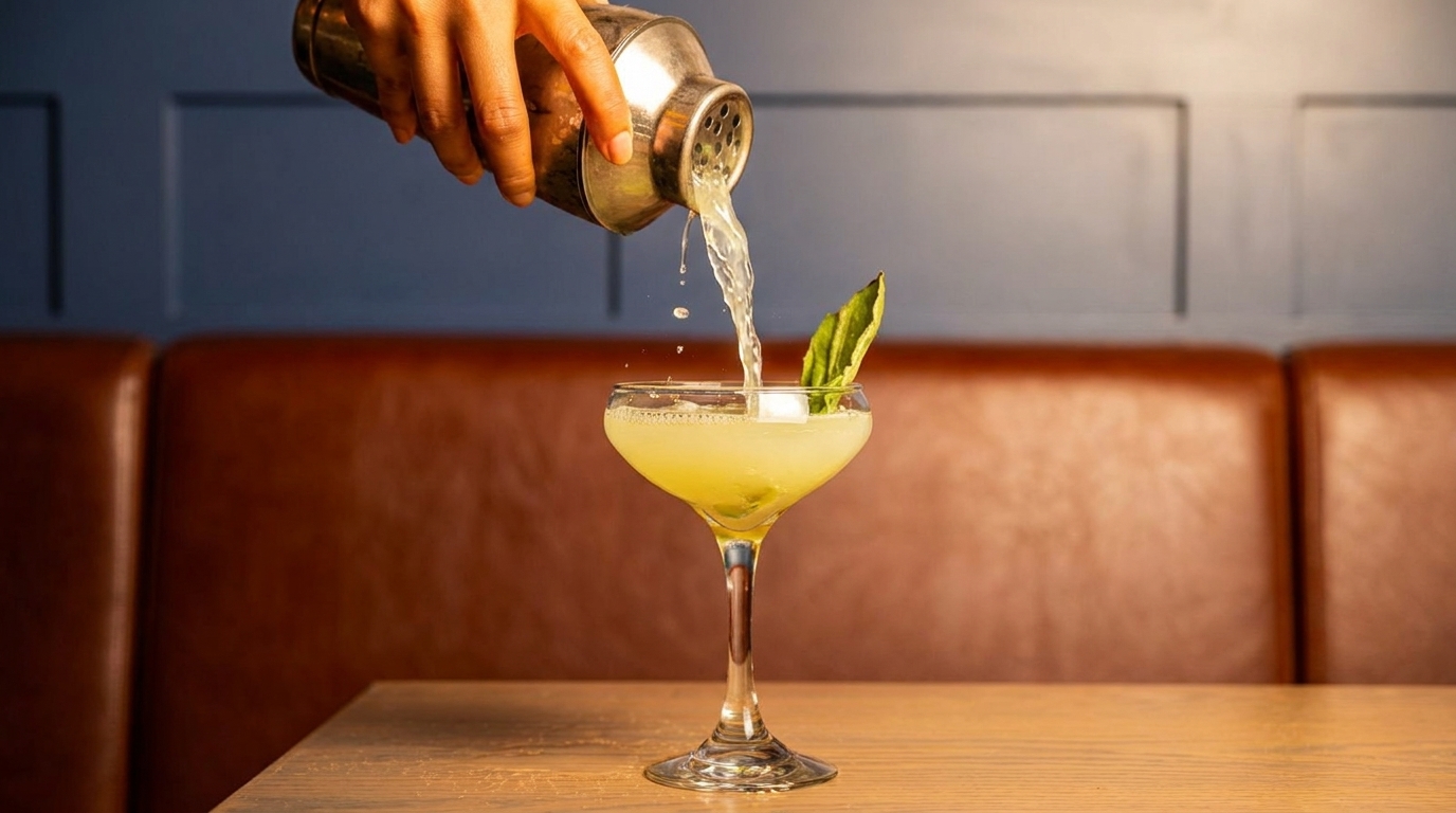 A bartender pours a green cocktail from a shaker into a coupe glass with a basil leaf.