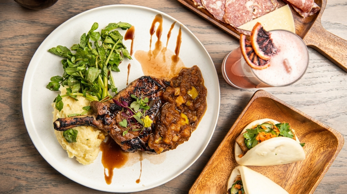 Grilled pork chop with mashed potatoes, greens, and a side of bao buns and cocktail.