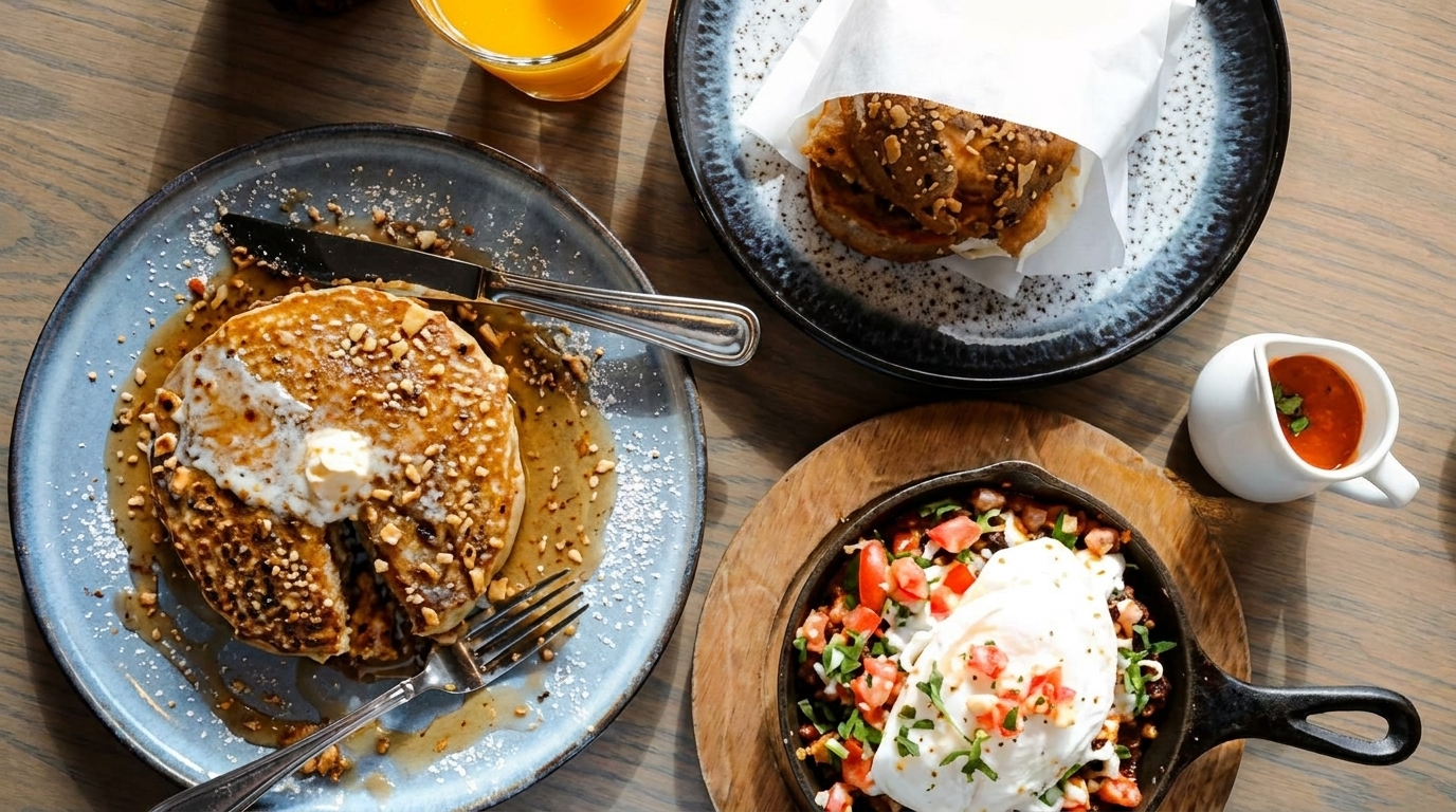 Overhead view of a breakfast spread with pancakes, a skillet dish, and a breakfast sandwich.