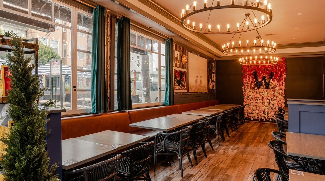 Restaurant interior with long tables, brown booth seating, large windows, and a floral wall decoration.