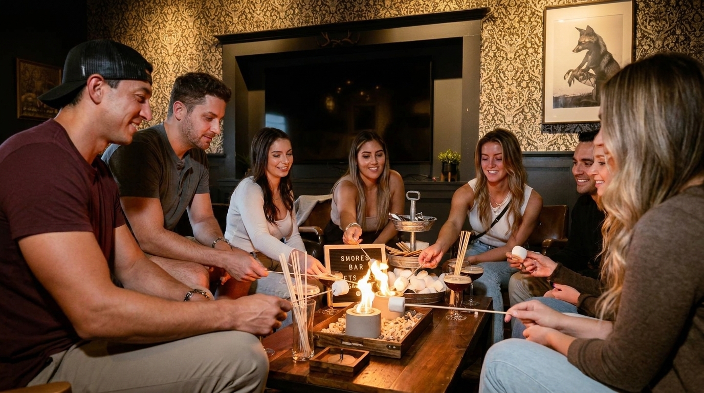 Six friends gather around a table, roasting marshmallows over a s'mores bar fire pit.