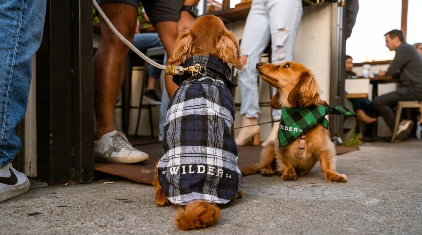Two dachshunds, one in a plaid shirt, sit on a patio with people in the background.
