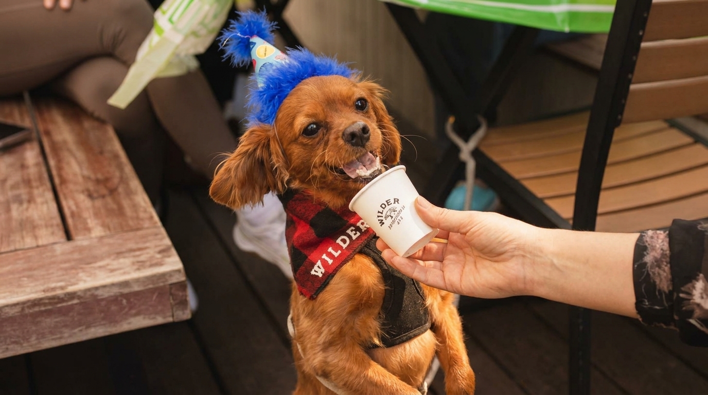 A small brown dog wearing a blue party hat and red bandana eats from a cup held by a person.
