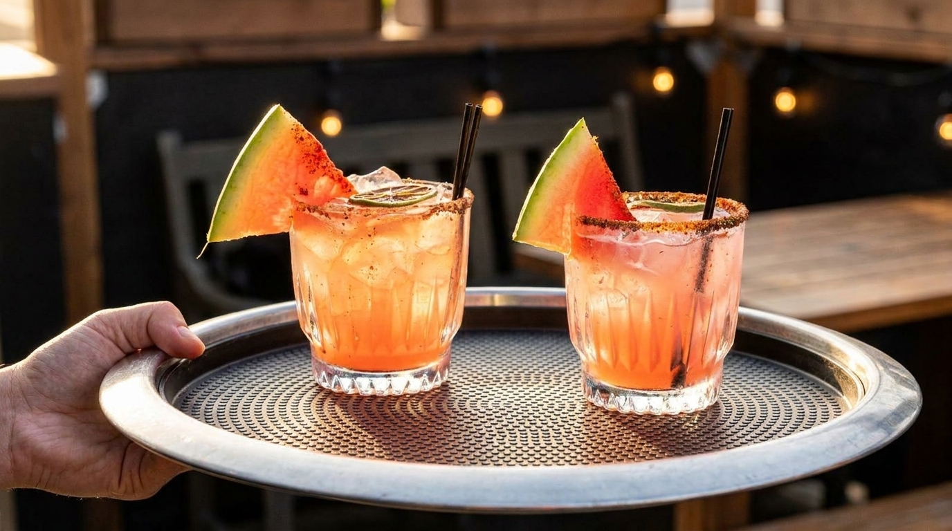 Two watermelon cocktails with chili-lime rims and black straws on a silver tray, held by a hand.