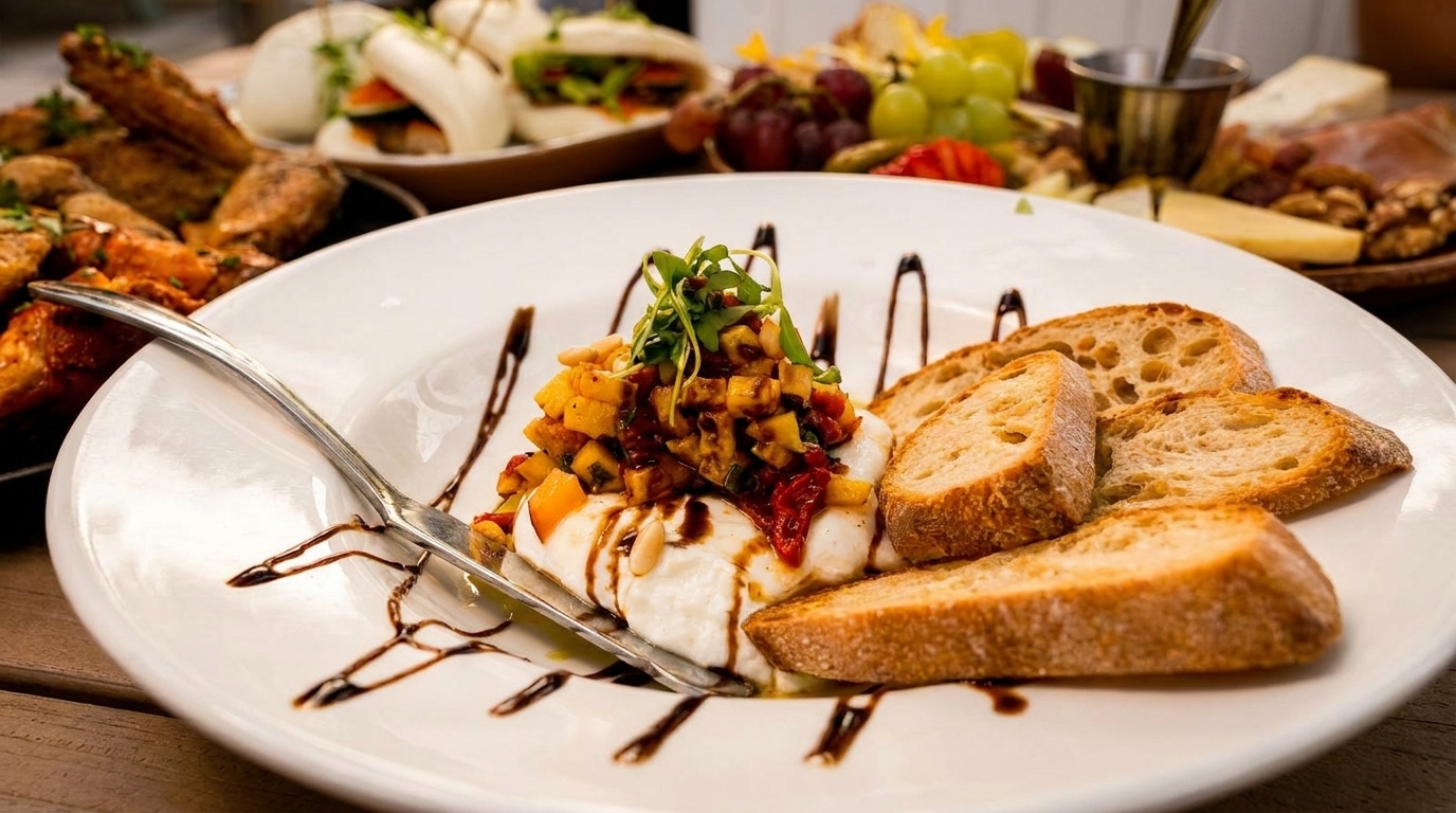 Burrata cheese with diced vegetables, balsamic glaze, and toasted bread slices on a white plate.