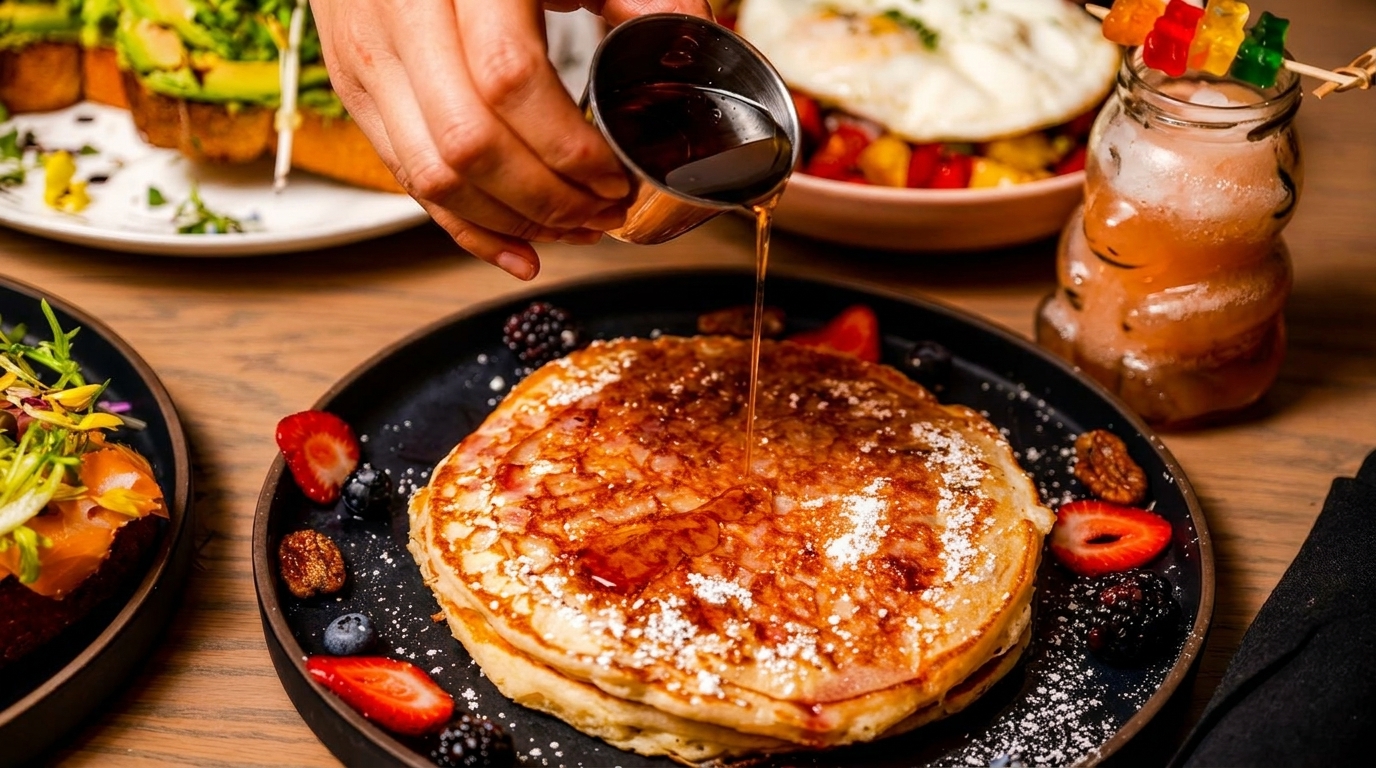 Maple syrup being poured over a stack of pancakes with berries, alongside other breakfast dishes.