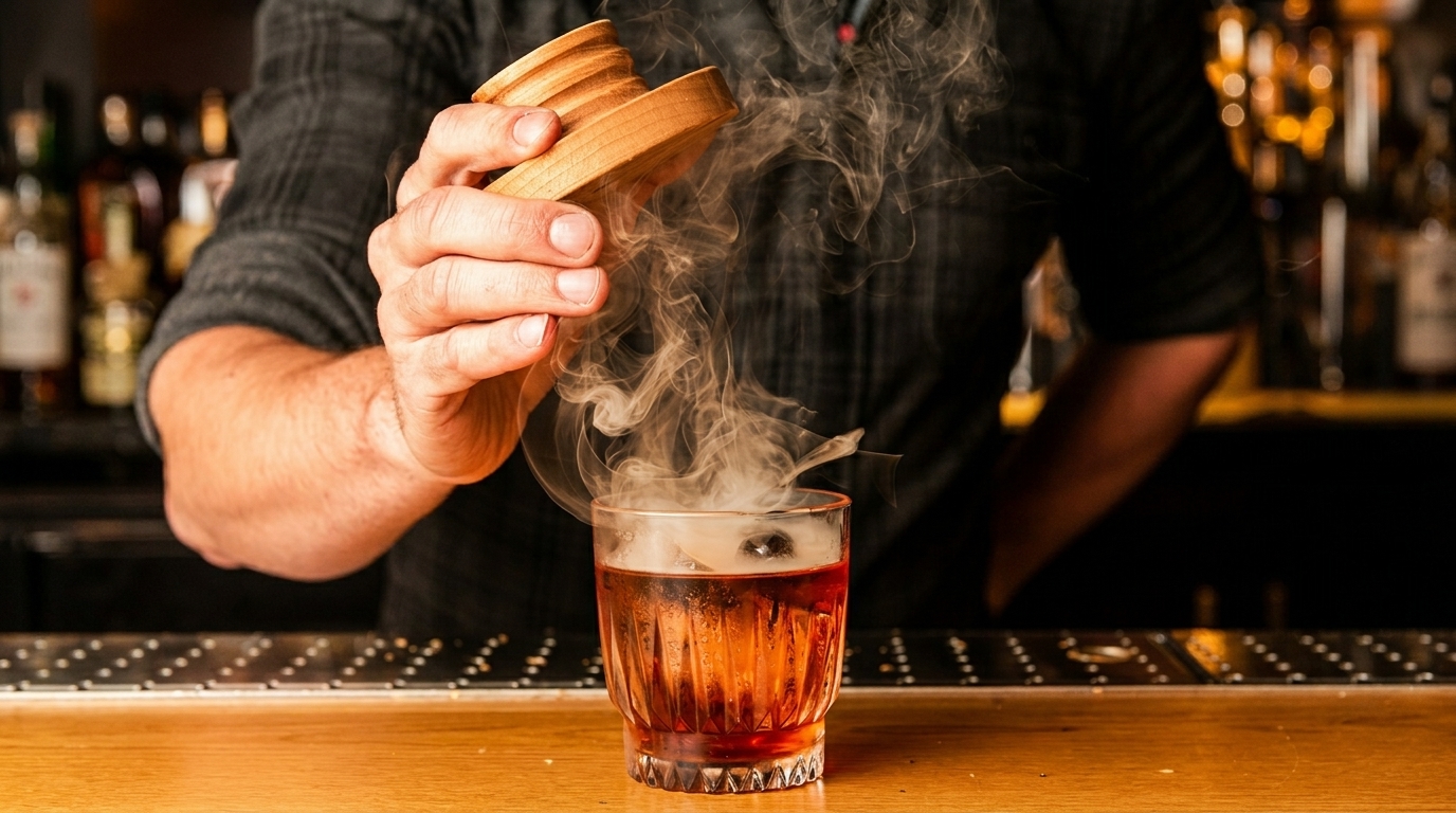 Bartender smoking an Old Fashioned cocktail with a wooden lid, smoke billowing from the glass.