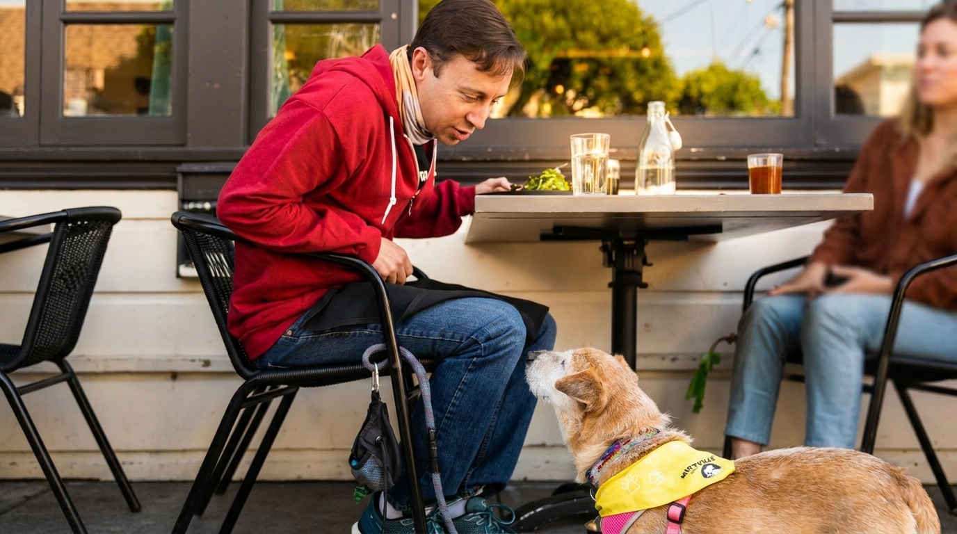 Man in red hoodie interacting with a service dog under a table at an outdoor restaurant.