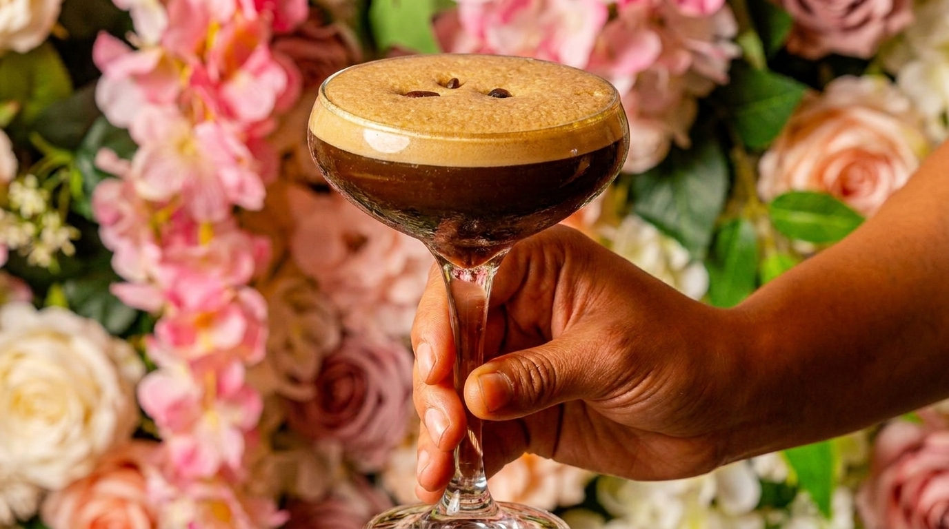 Hand holding an espresso martini with coffee beans on top, against a pink floral background.