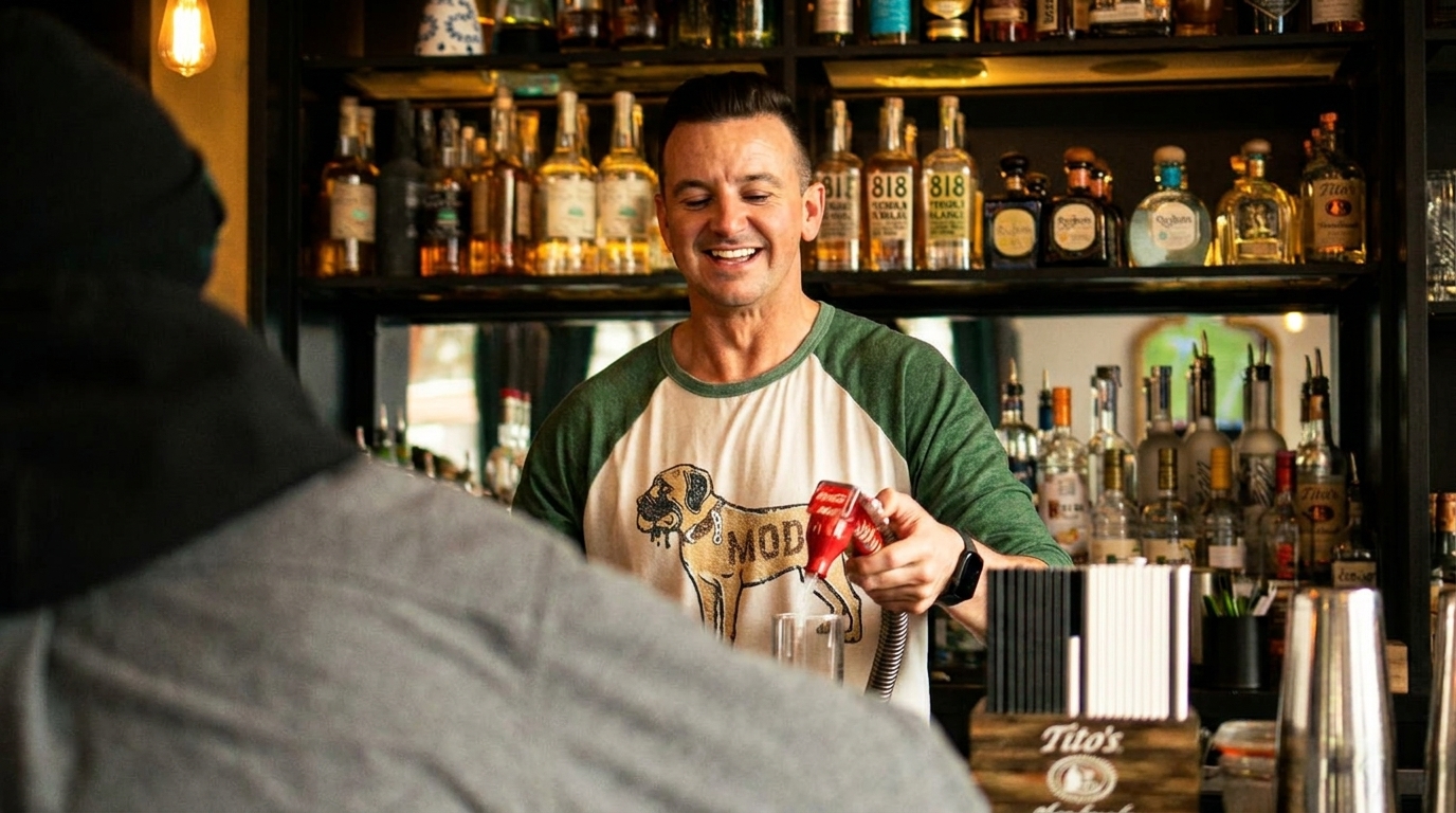 Smiling bartender pouring a drink from a red dispenser behind a well-stocked bar.
