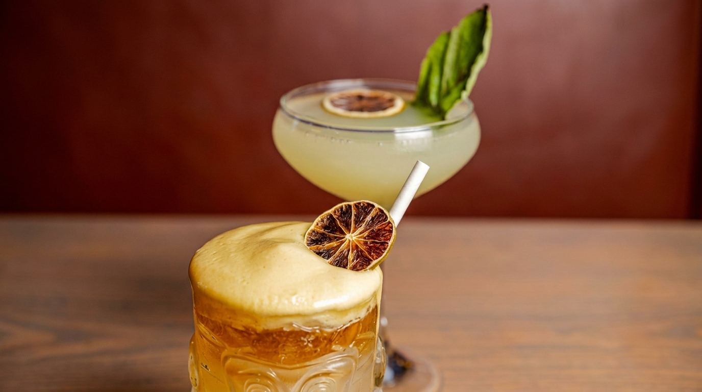 Two cocktails on a wooden table, one with foam and a dried citrus slice, the other with a basil leaf.