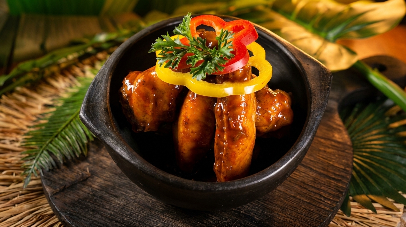 Glazed chicken wings in a dark bowl, garnished with bell peppers and parsley, on a rustic wooden board.