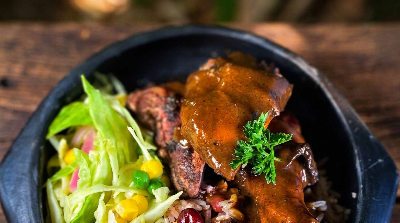 Close-up of a dark bowl filled with saucy meat, rice, beans, and a fresh green salad.