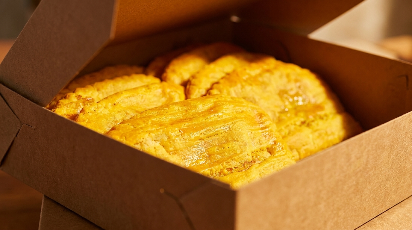 Golden Jamaican beef patties with flaky crusts, packed inside a brown takeout box.