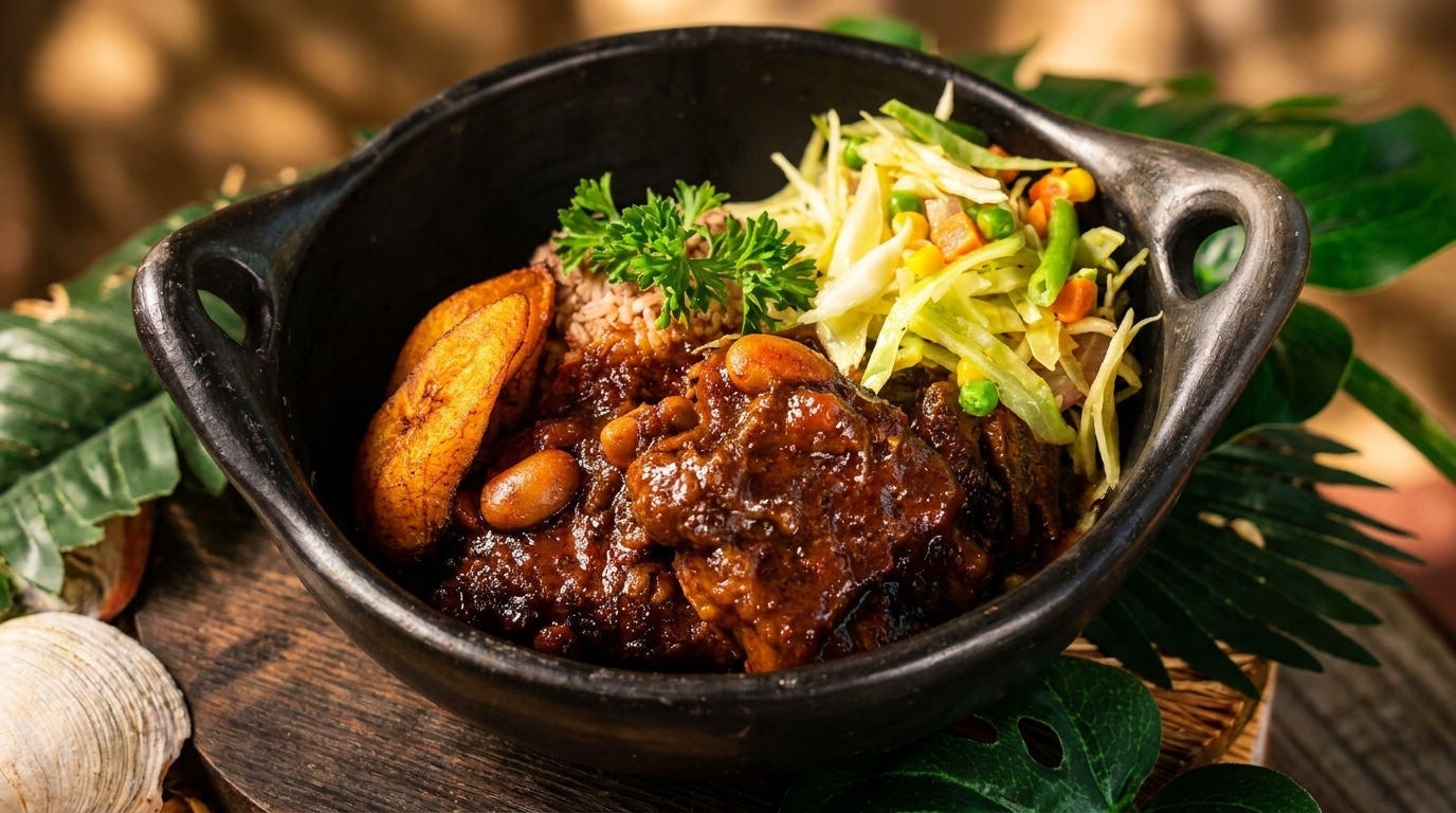 Oxtail stew with rice, plantains, and coleslaw in a black bowl on a wooden table.