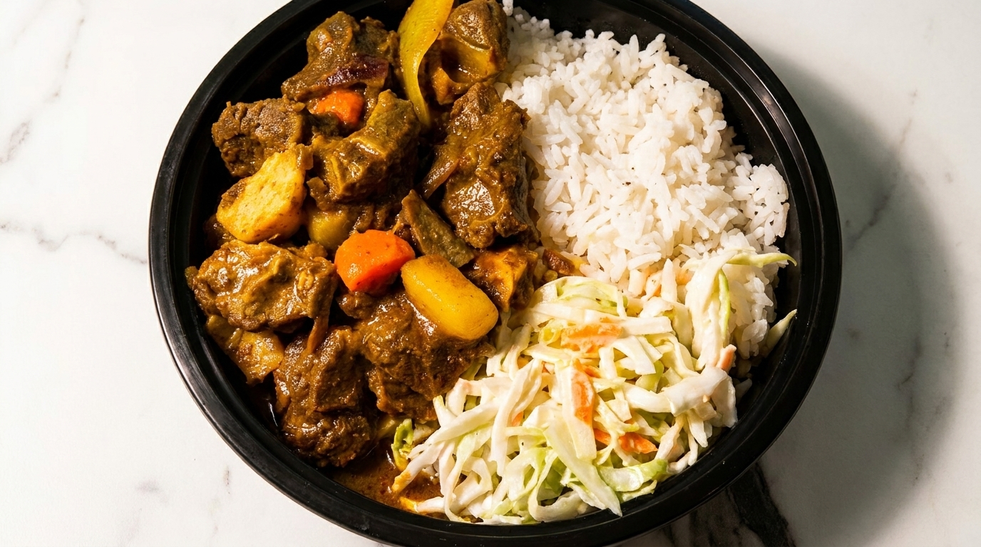 Curried goat with rice and coleslaw in a black takeout container on a marble surface.