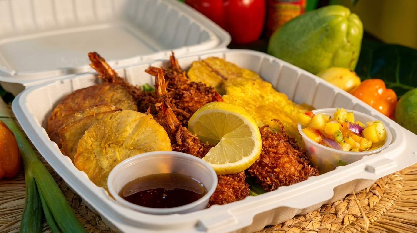 Takeout container with coconut shrimp, fried plantains, mango salsa, and dipping sauce.