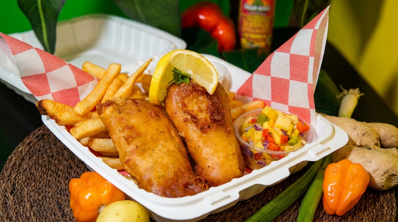 Two pieces of fried fish with fries, lemon, and fruit salsa in a takeout container.