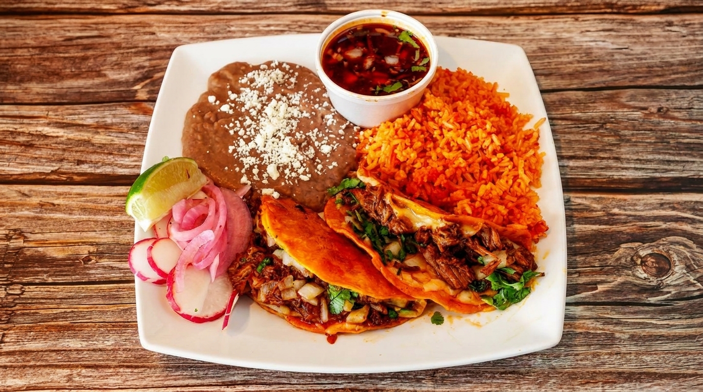 A plate of birria tacos with rice, refried beans, consommé, and pickled onions.