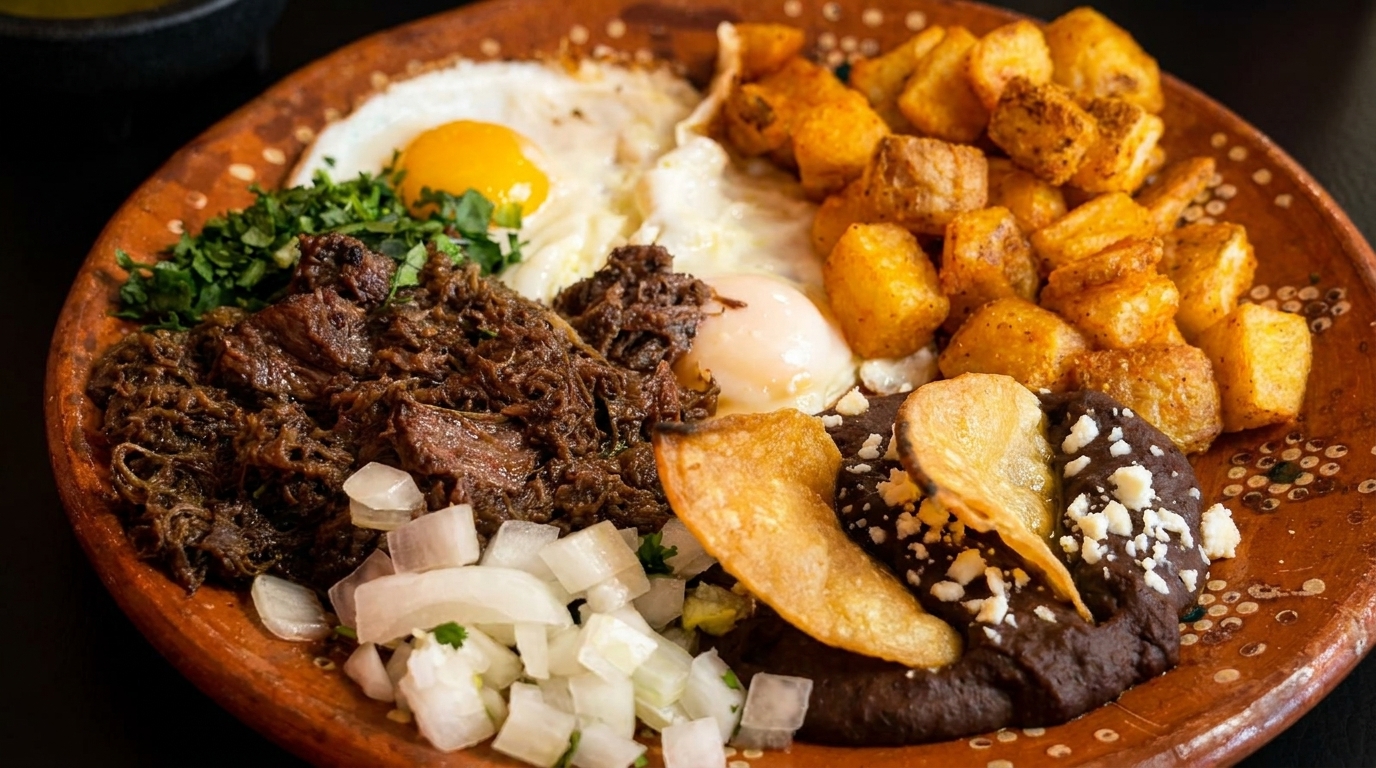 A Mexican breakfast plate with shredded beef, fried eggs, potatoes, black beans, and onions.