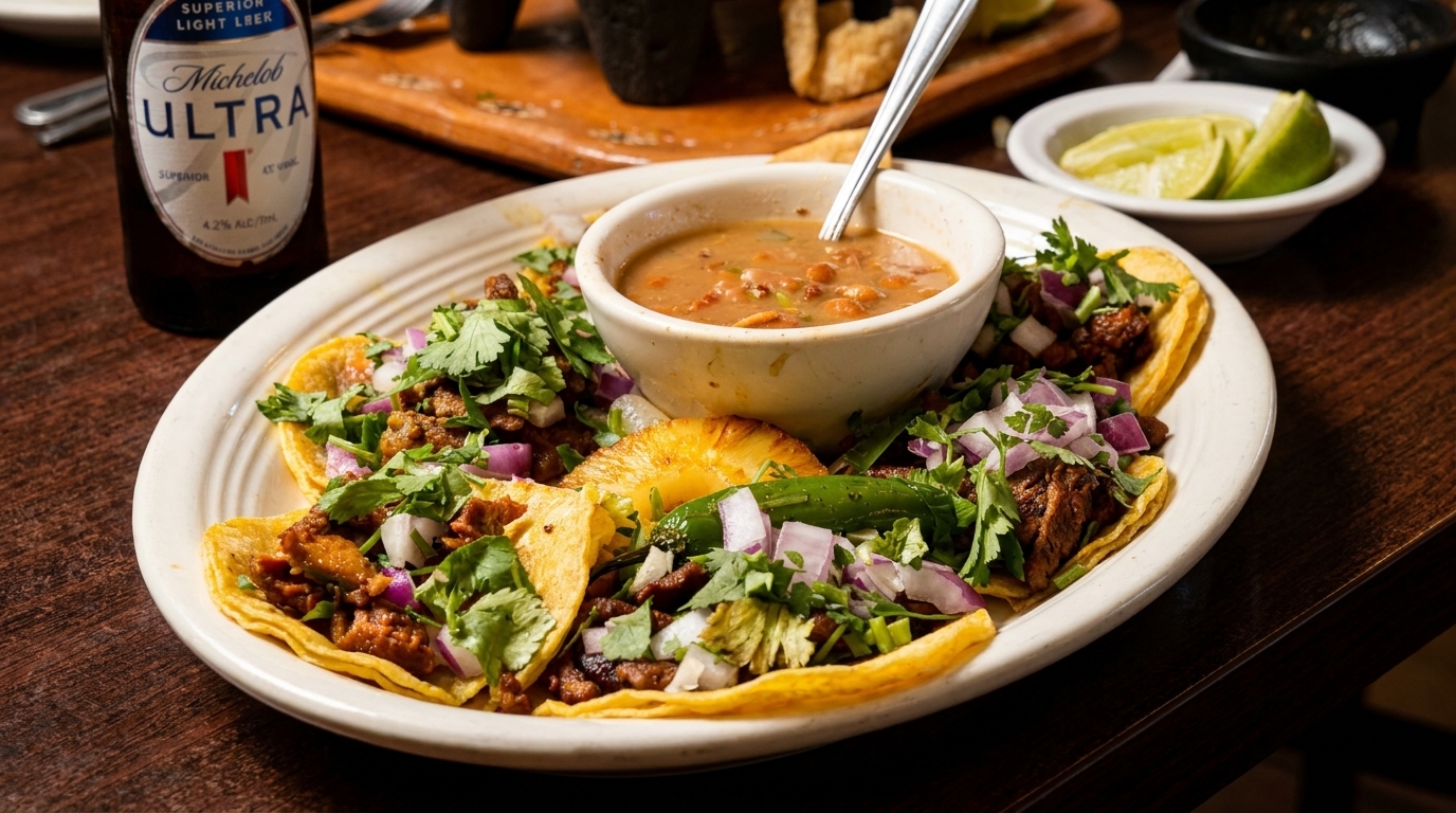 Four tacos with meat, cilantro, and onions, a side of beans, and a Michelob Ultra beer.