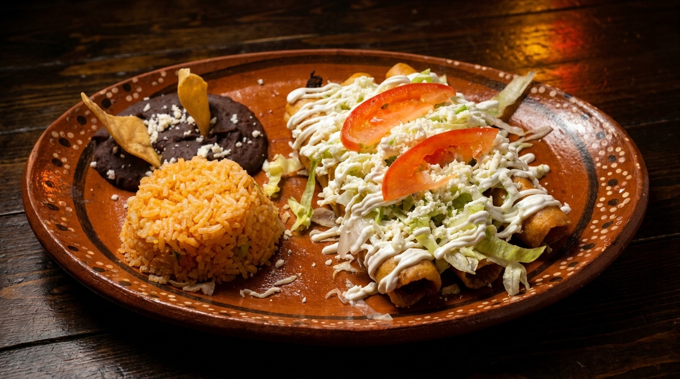 Mexican dish with taquitos, rice, and refried beans on a decorative clay plate.