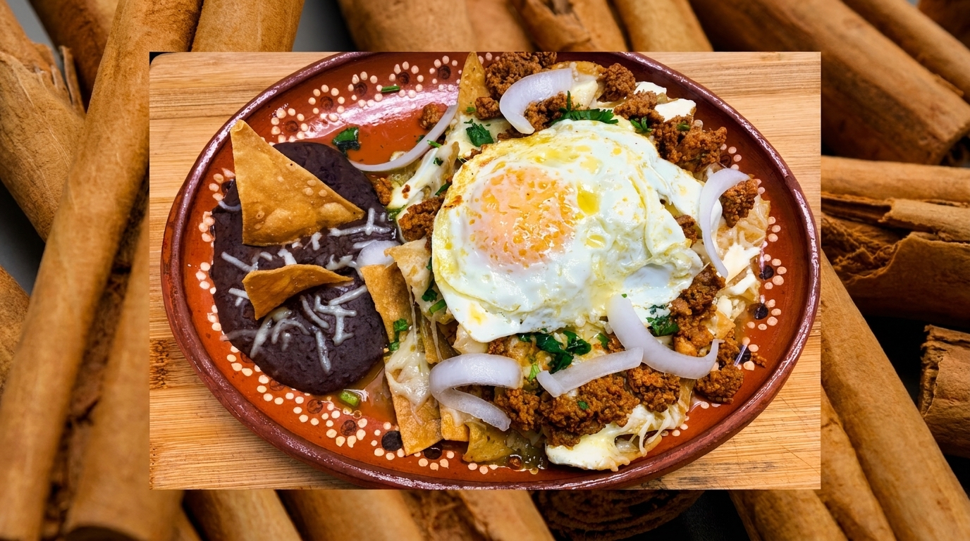 A Mexican breakfast dish with fried eggs, chorizo, beans, and tortilla chips on a rustic plate.