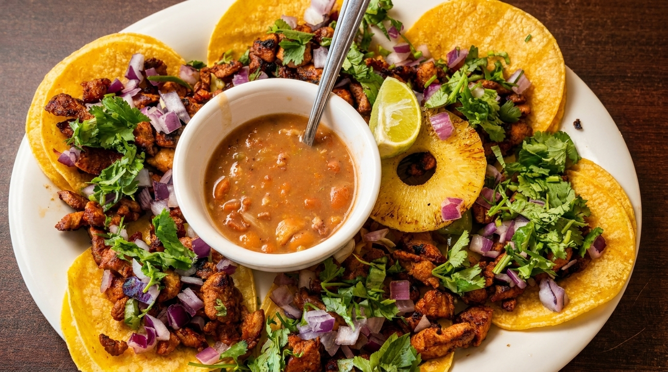 A plate of al pastor tacos with cilantro, red onion, pineapple, lime, and a side of beans.