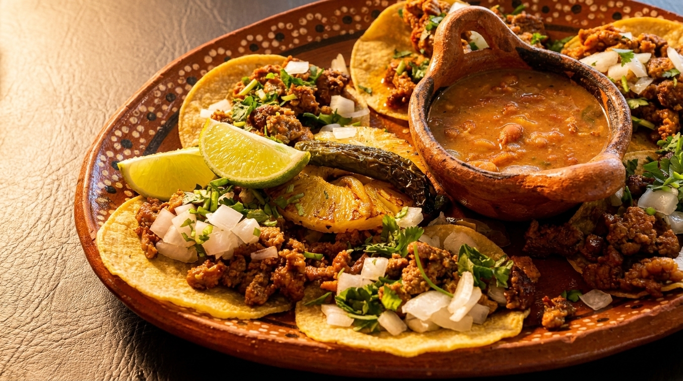 A platter of tacos al pastor with lime wedges, grilled pineapple, and a side of beans.