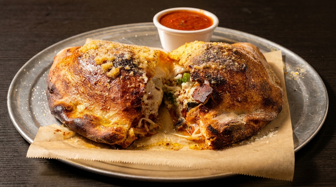 A golden-brown calzone, cut open to reveal melted cheese and fillings, served with marinara sauce.