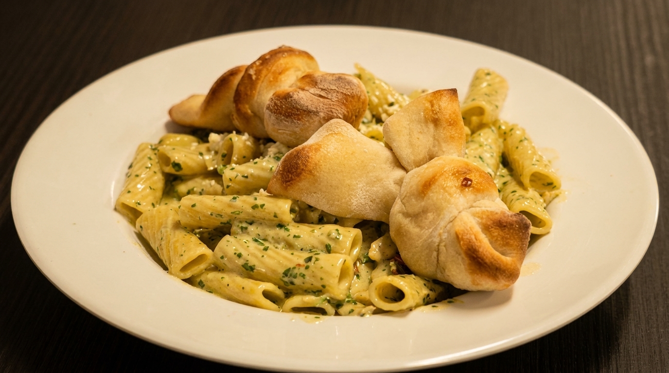 Creamy pasta with herbs and several golden-brown bread rolls on a white plate.
