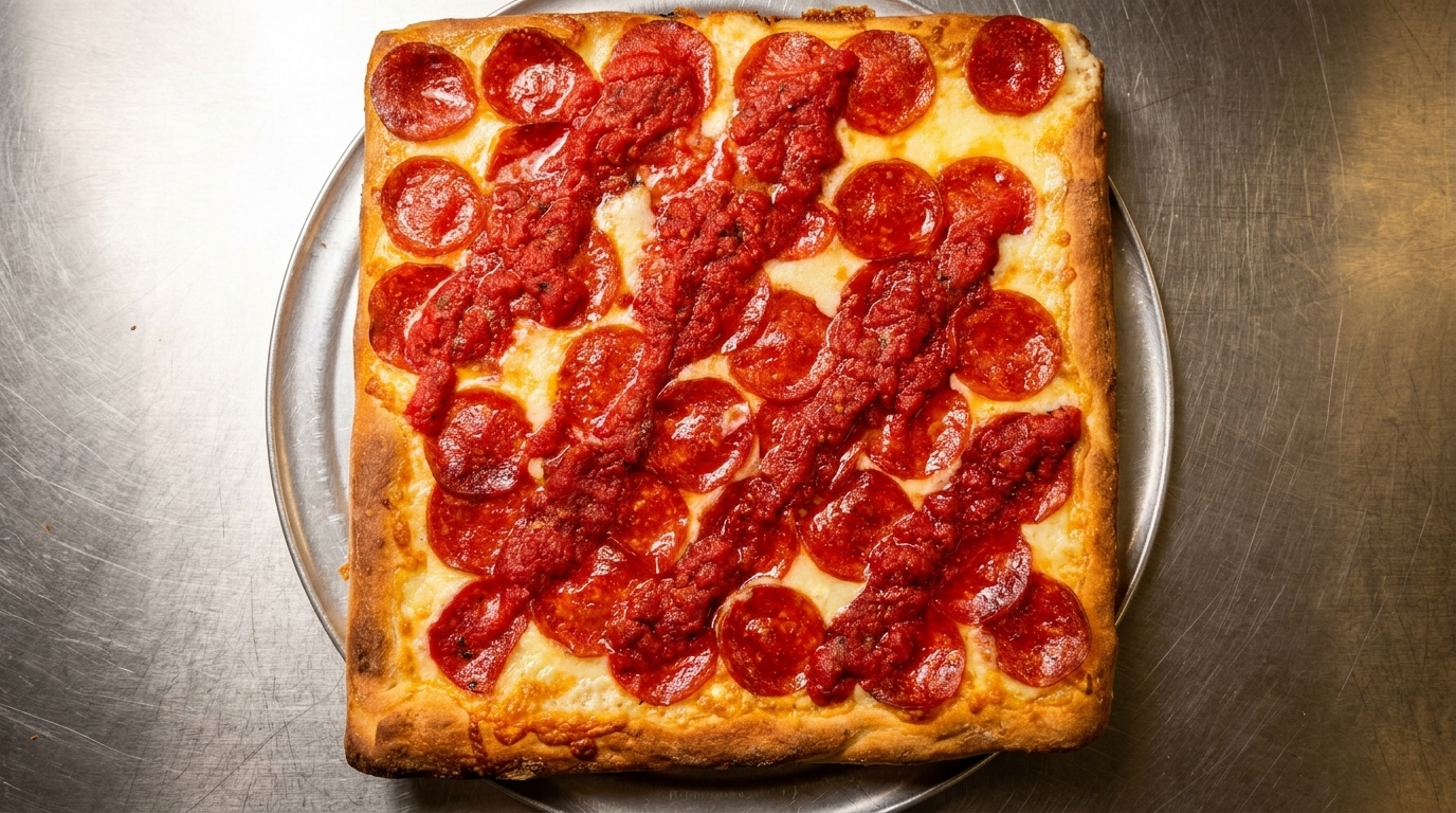 Square Detroit-style pepperoni pizza with stripes of red sauce on a metal tray.