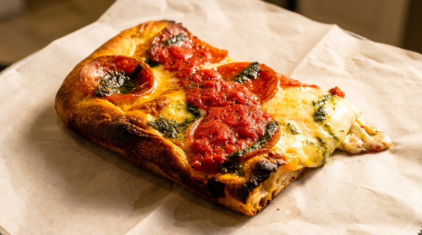 Thick-crust pizza slice with pepperoni, melted mozzarella, tomato sauce, and pesto on parchment paper.