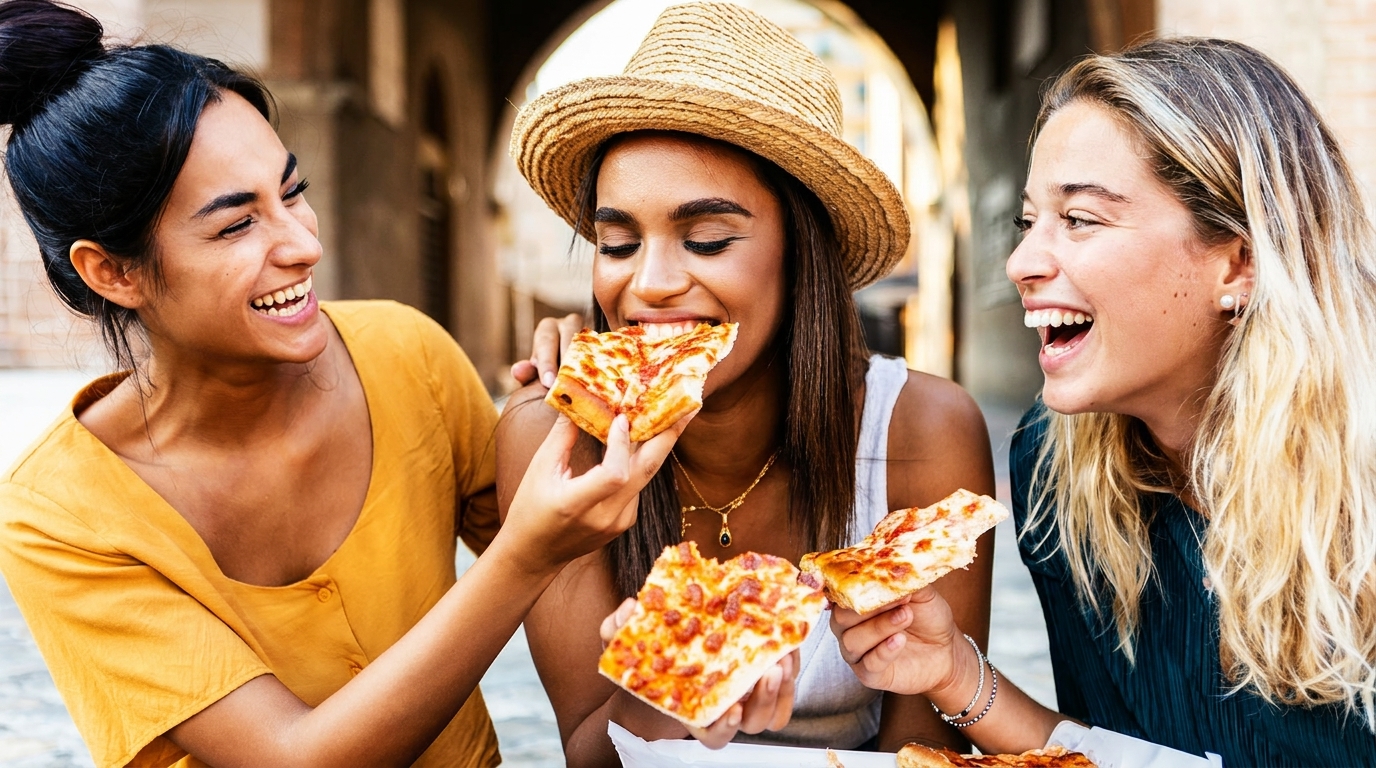 Three smiling women sharing slices of pizza outdoors, one in a straw hat taking a bite.