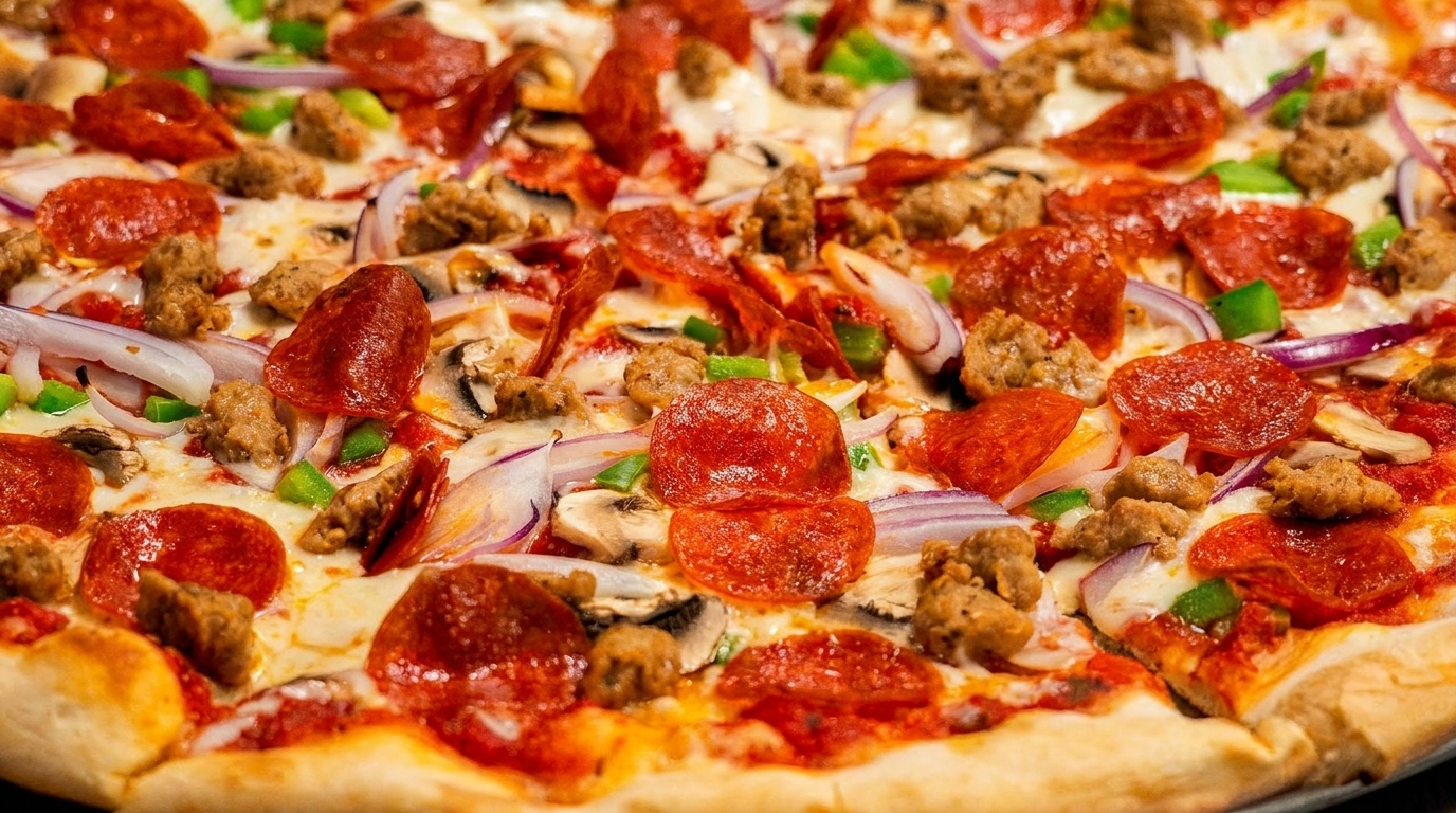 Close-up of a pizza topped with pepperoni, sausage, mushrooms, red onions, and green peppers.
