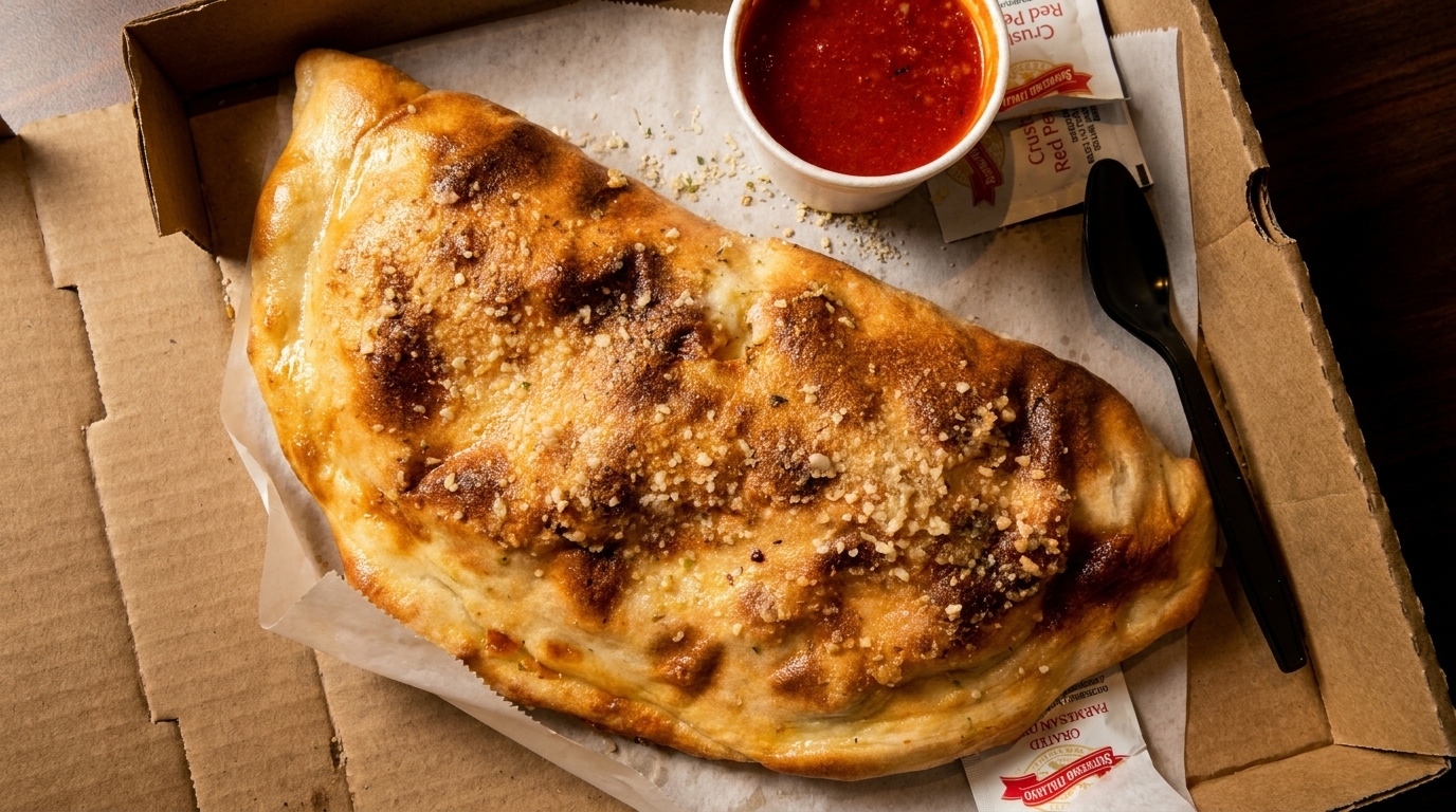 Golden-brown calzone with parmesan cheese, served in a pizza box with marinara sauce and a spoon.