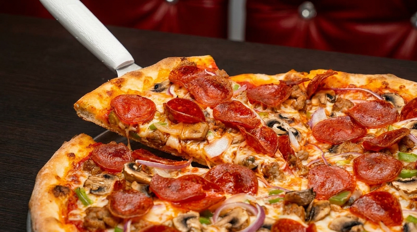 A slice of pepperoni, mushroom, and onion pizza being lifted from a whole pizza.